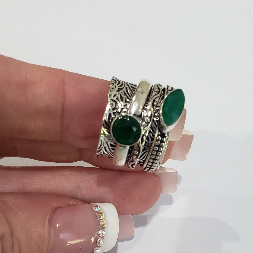 Handmade Green Onyx 925 Silver Spinner Ring - Picture 3 of 10